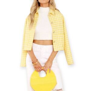 AURA RED DRESS YELLOW TWEED JACKET W/PEARL BUTTONS SZ.L NWOT.